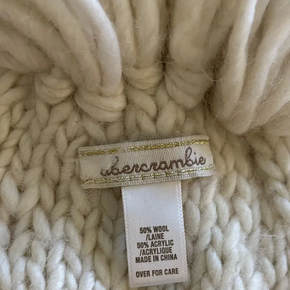 Vintage Y2K Abercrombie Cream Wool Blend Long Scarf Pom Pom & Fringe Details